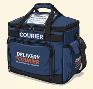 Insulated Delivery Bag Blue insulated delivery bag with "DELIVERY COURIER" text and an order label for Newcomb Health Care.