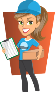 Cartoon woman in blue cap and shirt, smiling, holding a clipboard with a checklist and a brown delivery box.