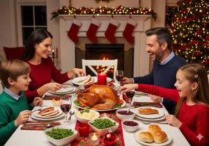Family Christmas Dinner Celebration Family enjoying Christmas dinner with a roasted turkey and side dishes at a festive table, fireplace and tree in background.
