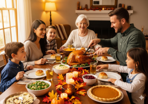 Family Thanksgiving Dinner A multi-generational family smiles around a dining table laden with a roasted turkey, mashed potatoes, green beans, and pumpk
