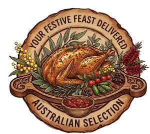 Order Christmas turkey online Roasted turkey on platter with herbs, tomatoes, berries, wattle, bottlebrush flowers.