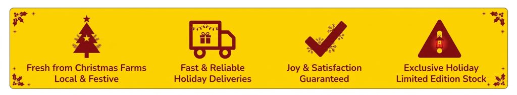 Order Christmas Turkey Online Yellow banner with four holiday service icons: Christmas tree, delivery truck, checkmark, and warning triangle with lantern.