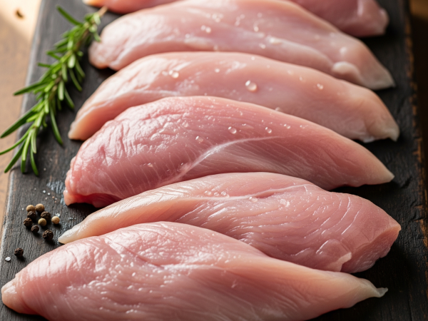 Turkey Fillets Six raw turkey breast fillets with rosemary and peppercorns on a dark wooden board.
