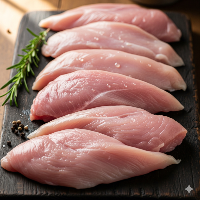 Turkey Fillets Six raw turkey breast fillets with rosemary and peppercorns on a dark wooden board.