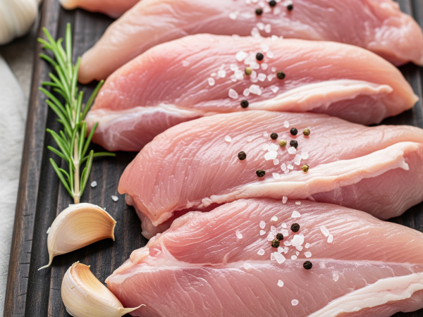 Raw turkey cutlets seasoned with salt and peppercorns, alongside fresh rosemary and garlic cloves on a dark cutting board.